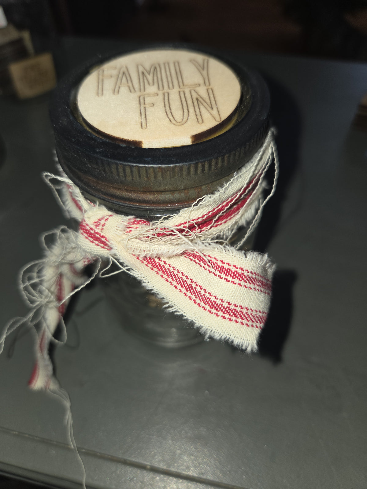 Family Fun Jar Pick an Activity with Red Stripped Ribbon ffj1