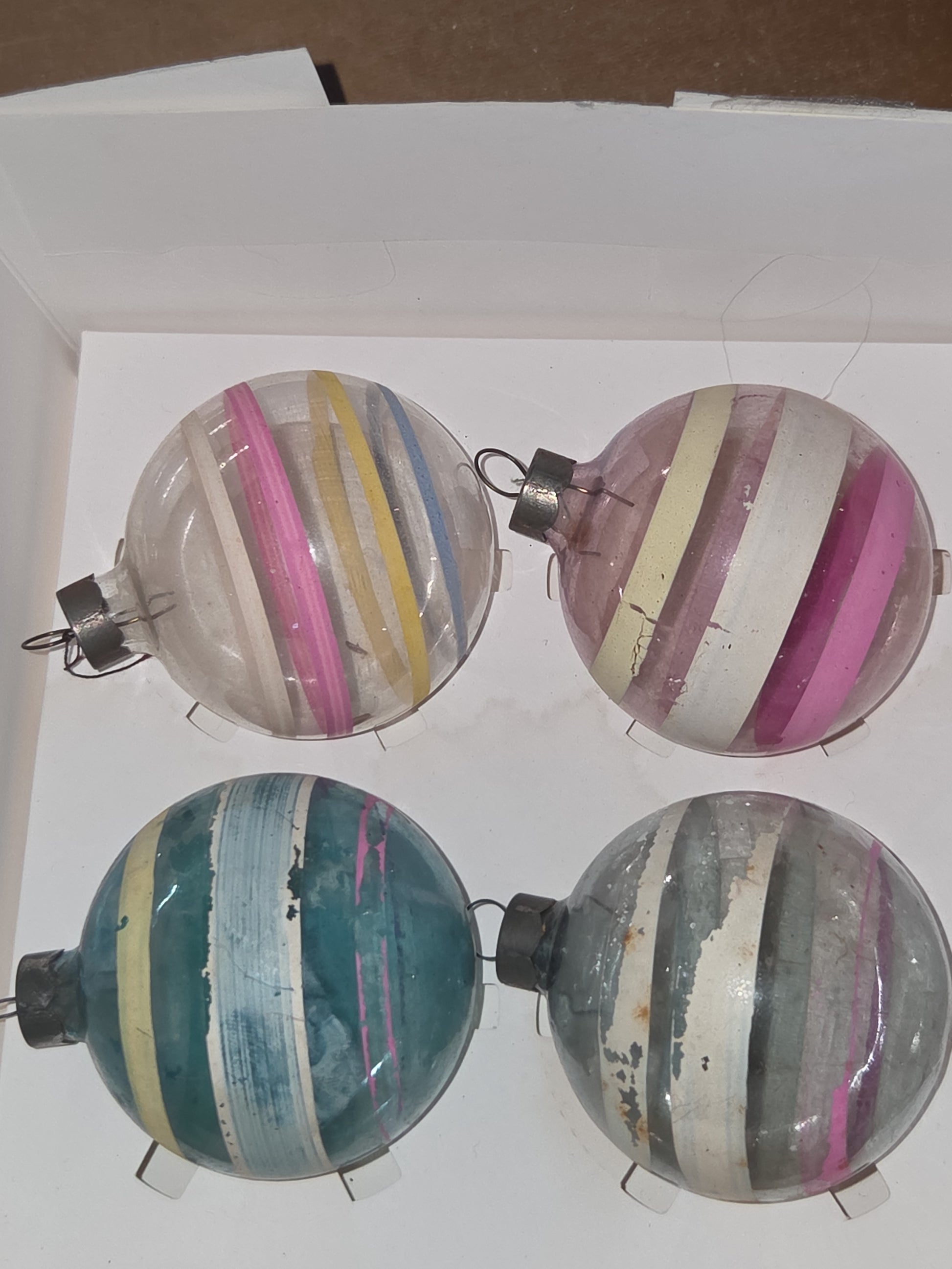 Vintage 2 1/4" Unsilvered Transparent and Blue Glass Ornament WWII Era 1940s Unmatched Set of 4 with Stripes AS IS vo123