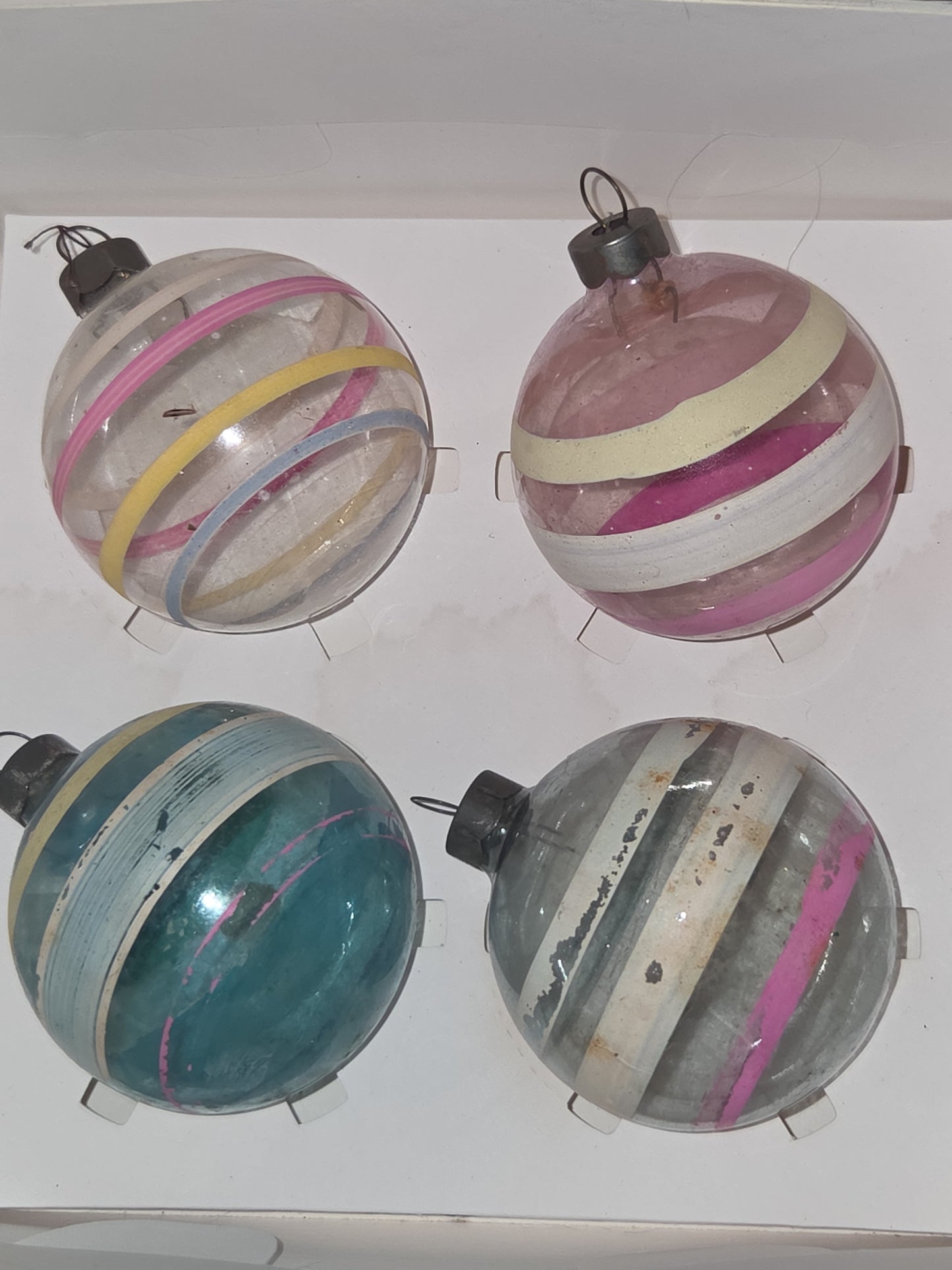 Vintage 2 1/4" Unsilvered Transparent and Blue Glass Ornament WWII Era 1940s Unmatched Set of 4 with Stripes AS IS vo123