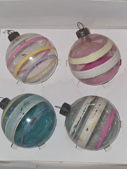 Vintage 2 1/4" Unsilvered Transparent and Blue Glass Ornament WWII Era 1940s Unmatched Set of 4 with Stripes AS IS vo123