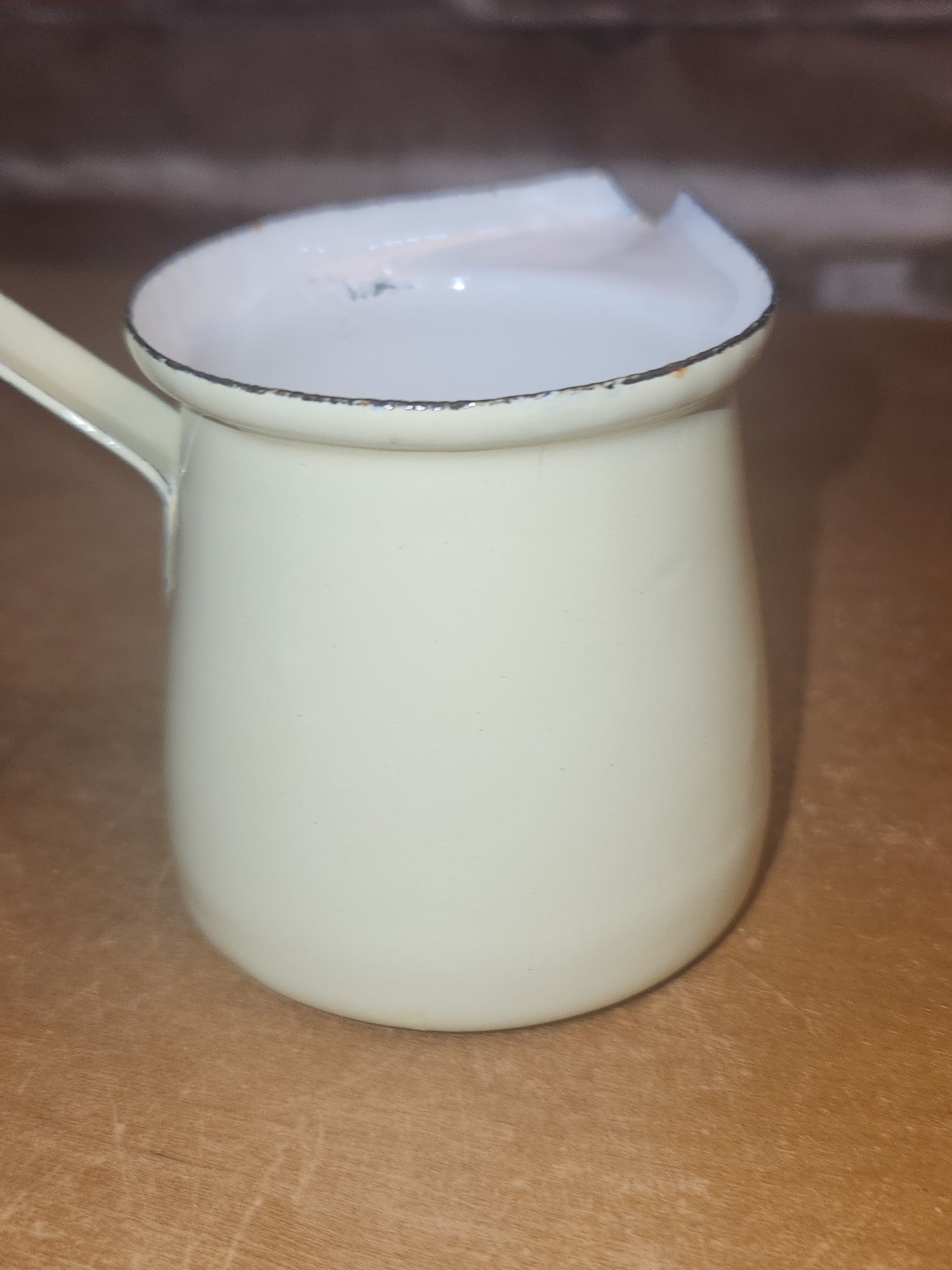 Vintage Enamelware Butter Melters Turkish Coffee Light Yellow Outside White Inside AS IS en09