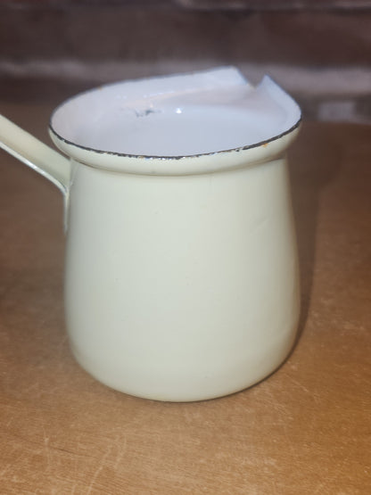 Vintage Enamelware Butter Melters Turkish Coffee Light Yellow Outside White Inside AS IS en09
