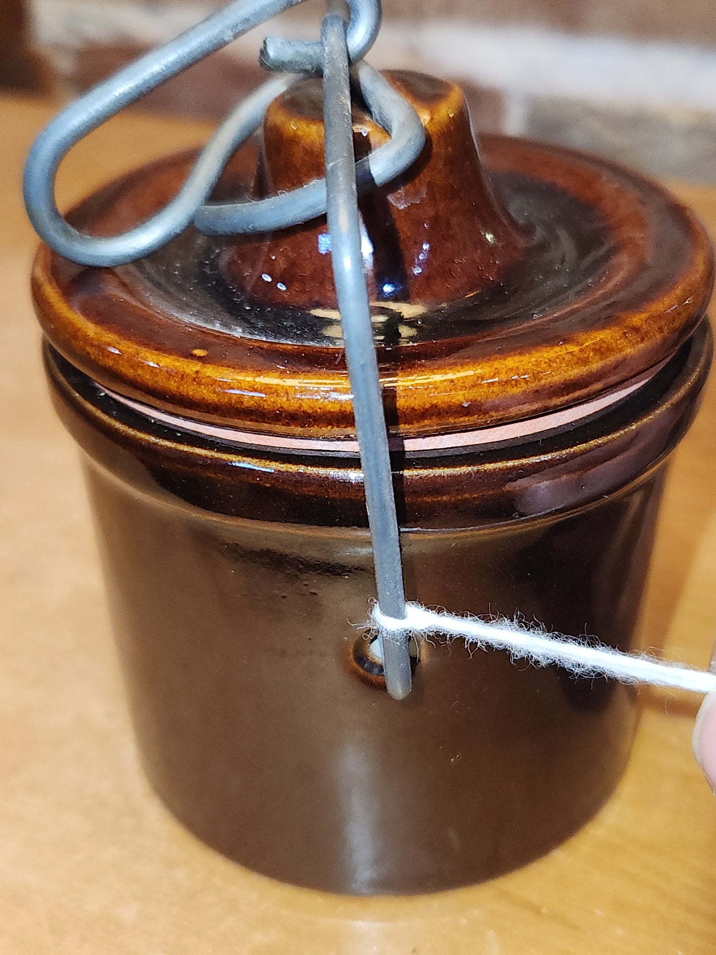 Vintage Small Brown Butter Crock Stoneware Lid and Metal Bail pot53