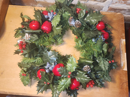 Vintage Christmas Candle Ring Centerpiece Gift Pinecones Apples Berries CR59