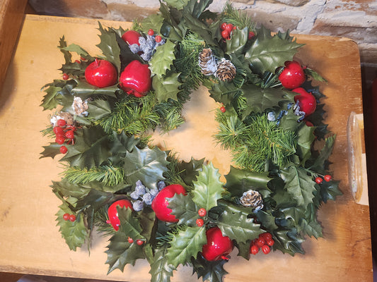 Vintage Christmas Candle Ring Centerpiece Gift Pinecones Apples Berries CR59