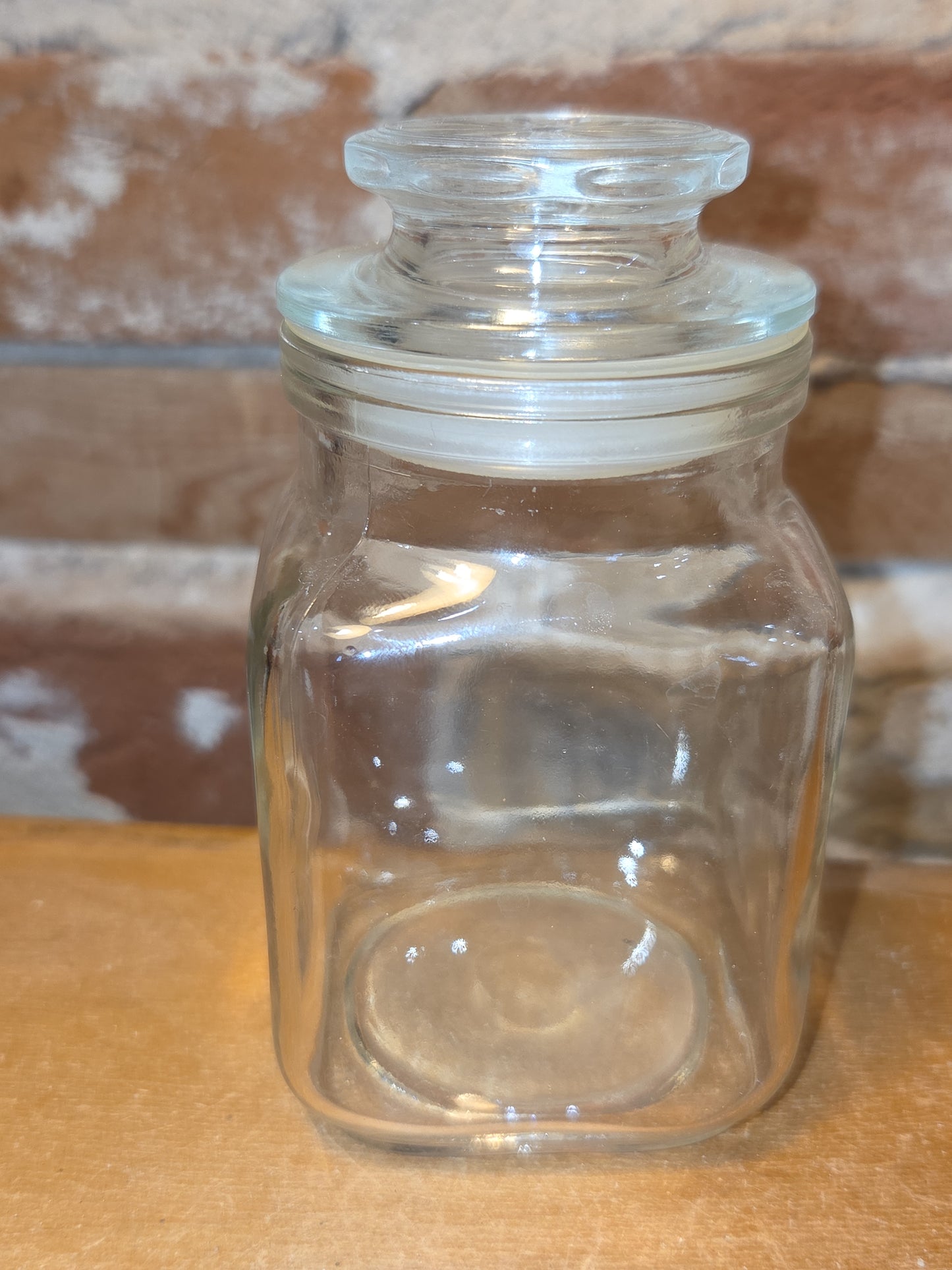 Vintage Clear Glass Square Canister with Sunburst Lid 2 1/2" square sj1