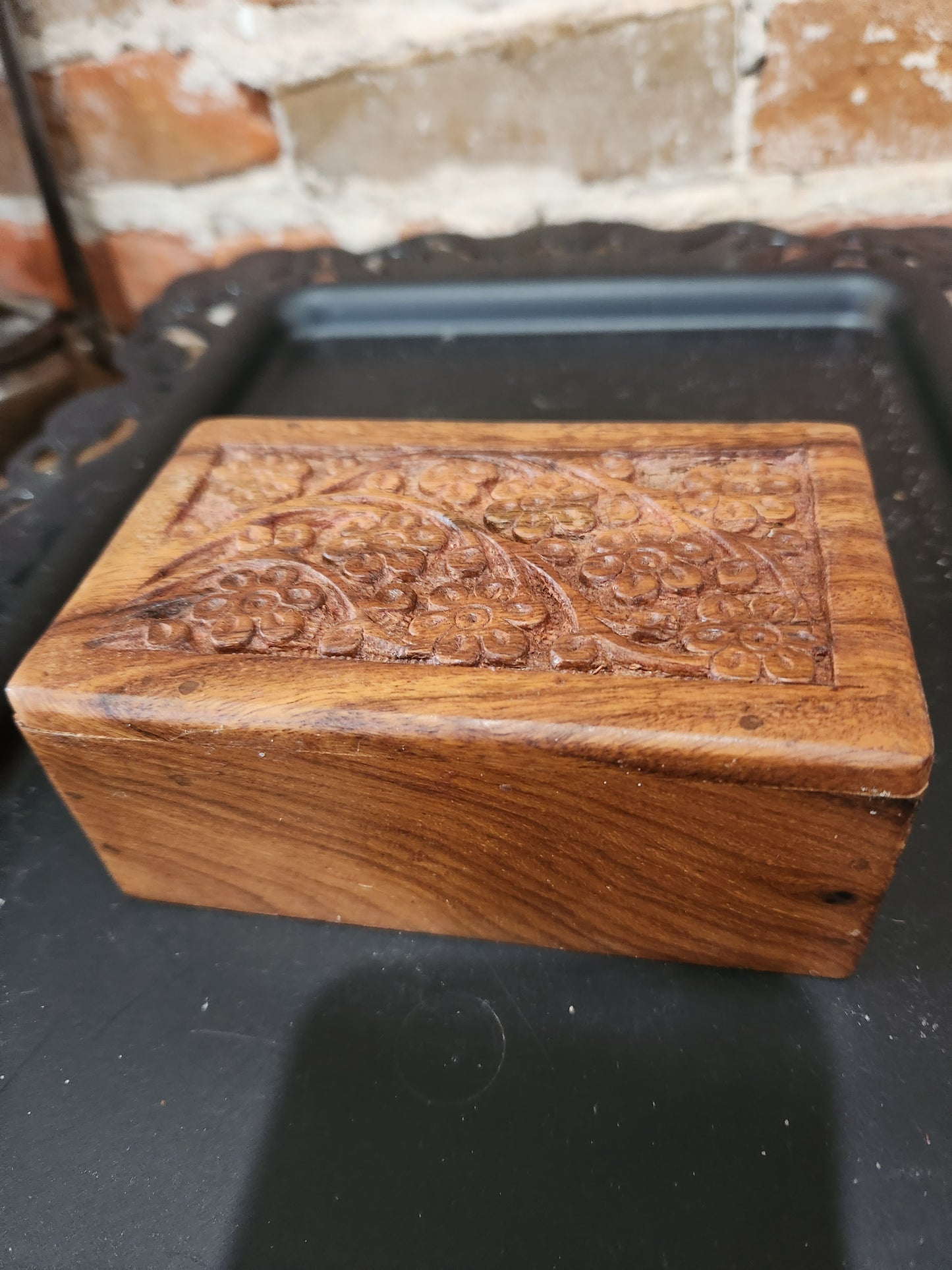 Vintage Hand Craved Wooden Box Lid Opening on Bottom Floral Design smaller of the two boxes box46