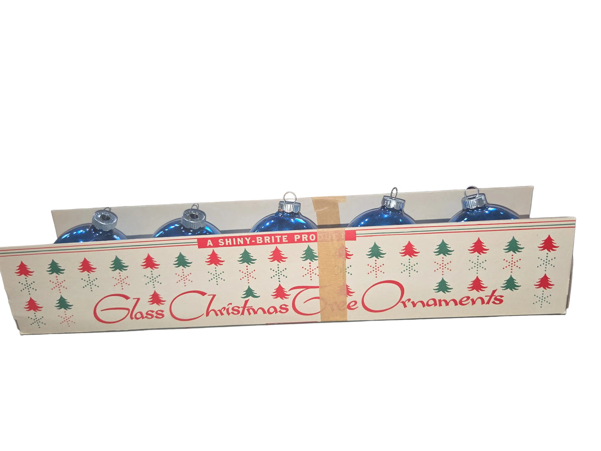 Vintage Shiny Brite Glass Christmas Ornaments Five 3" Blue Shades in Fanci-Pak Box As Is sb10
