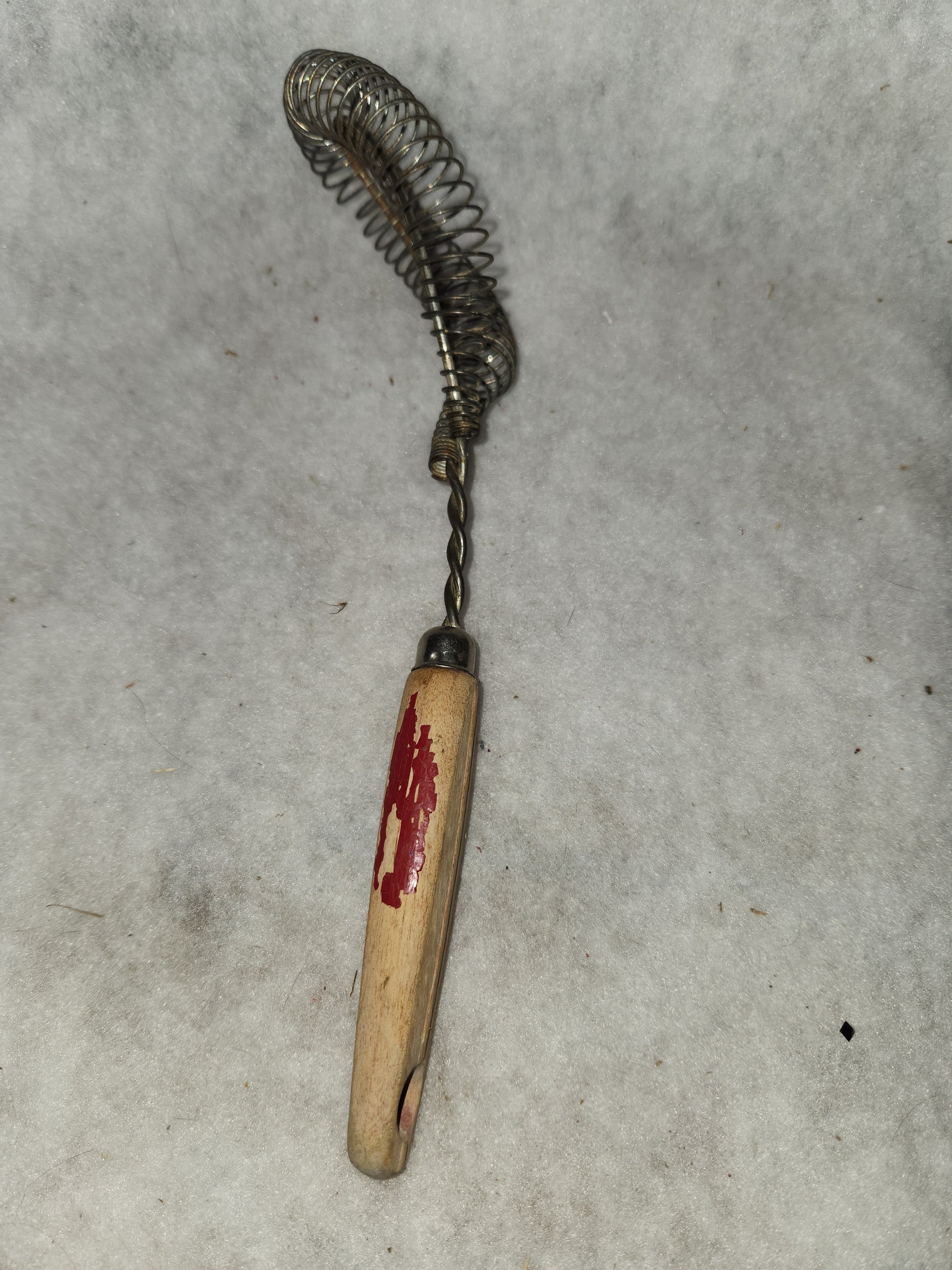 Vintage utensil twisted coiled whisk stainless steel worn red wooden handle kit558