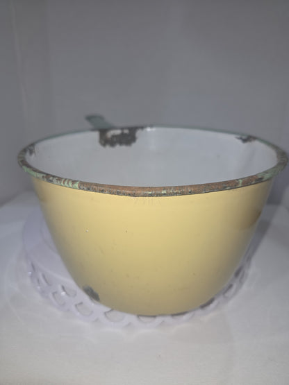 Vintage Enamelware Sauce Pan Cream Green Trim White Inside en90