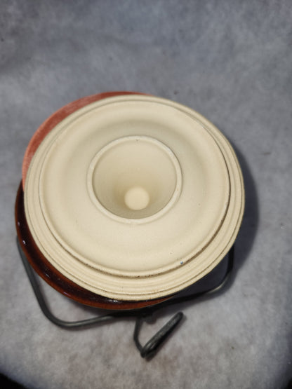 Vintage brown pottery crock lid and metal bail pot59