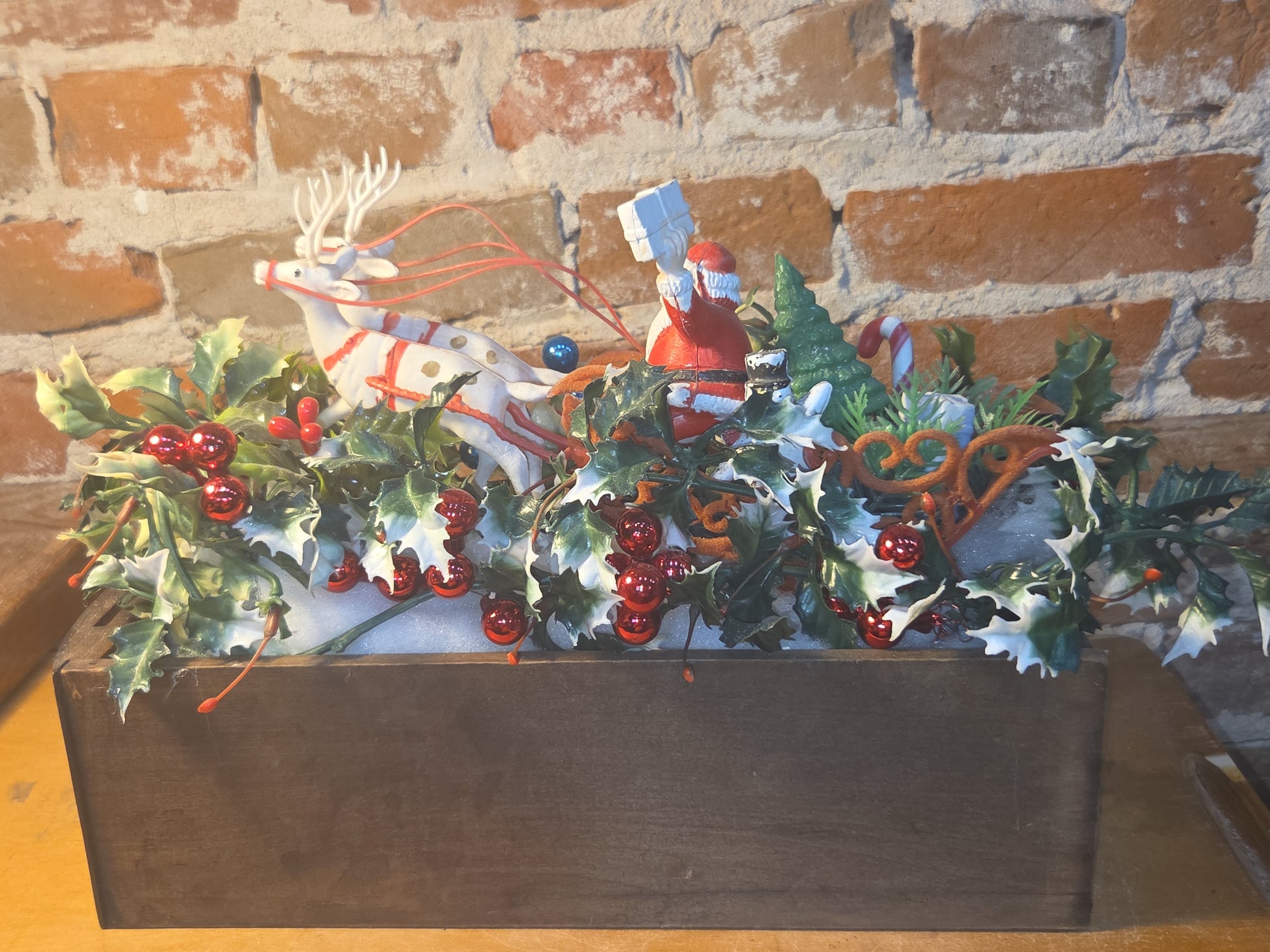 Assemblage With Vintage Blow Mold Santa and Reindeer Flocked Sleigh va98