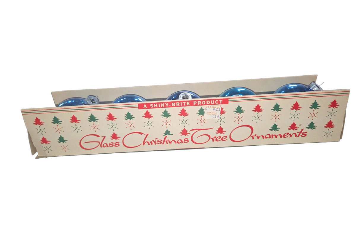 Vintage Shiny Brite Glass Christmas Ornaments Five 3" Blue Shades in Fanci-Pak Box As Is sb5