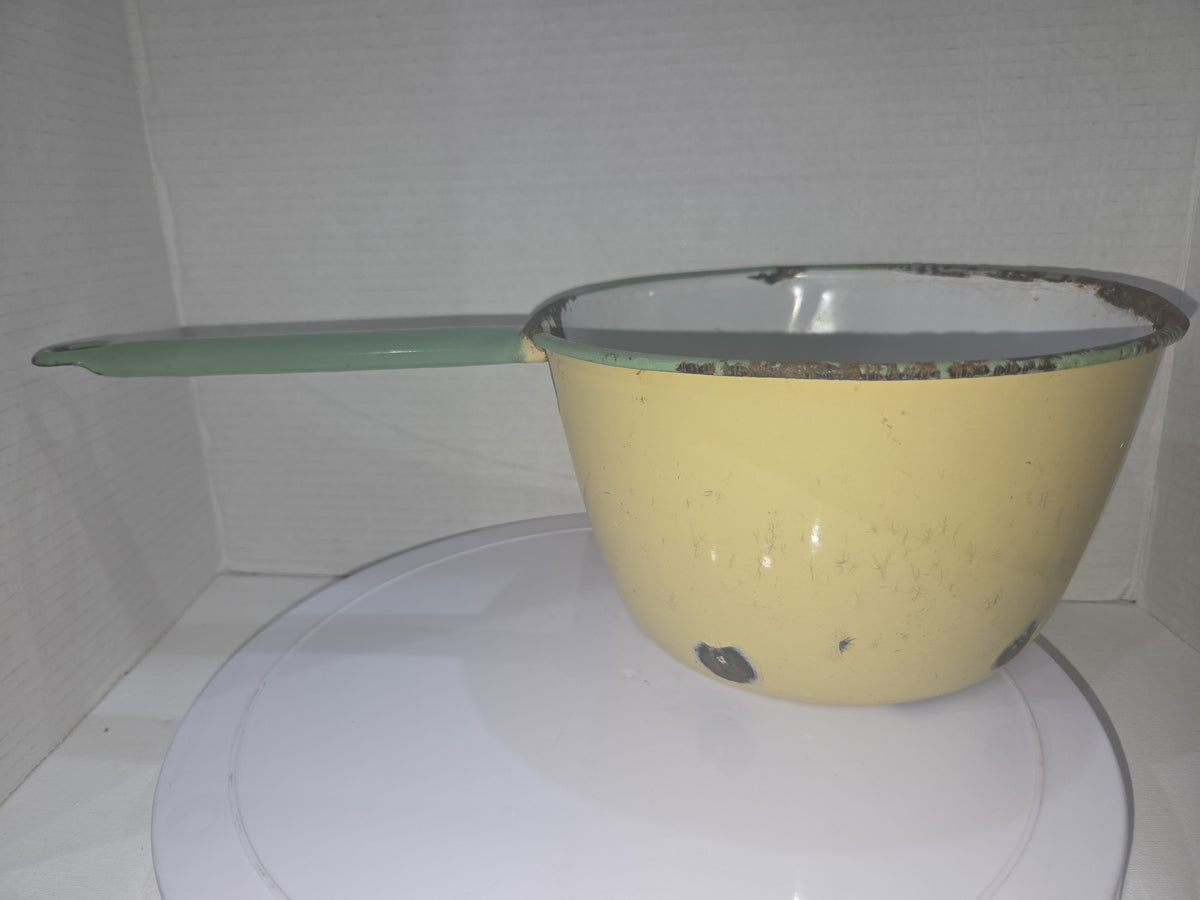 Vintage Enamelware Sauce Pan Cream Green Trim White Inside en90
