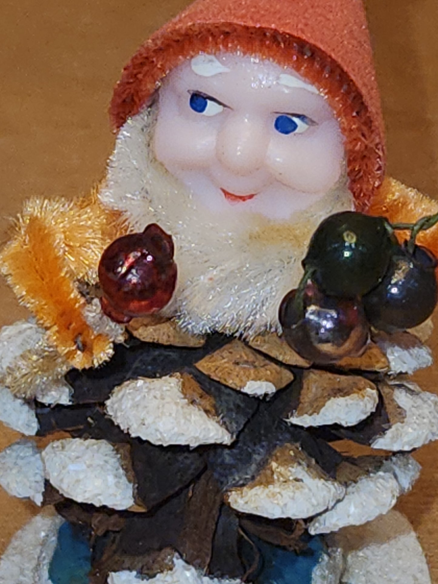 Vintage Pinecone Elf Gnome Dwarf with Maracas Band Ornament Chenille Plastic Face Mica Putz elf21