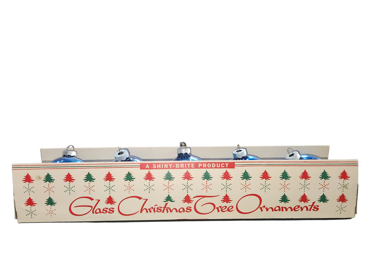 Vintage Shiny Brite Glass Christmas Ornaments Five 3" Blue Shades in Fanci-Pak Box As Is sb12