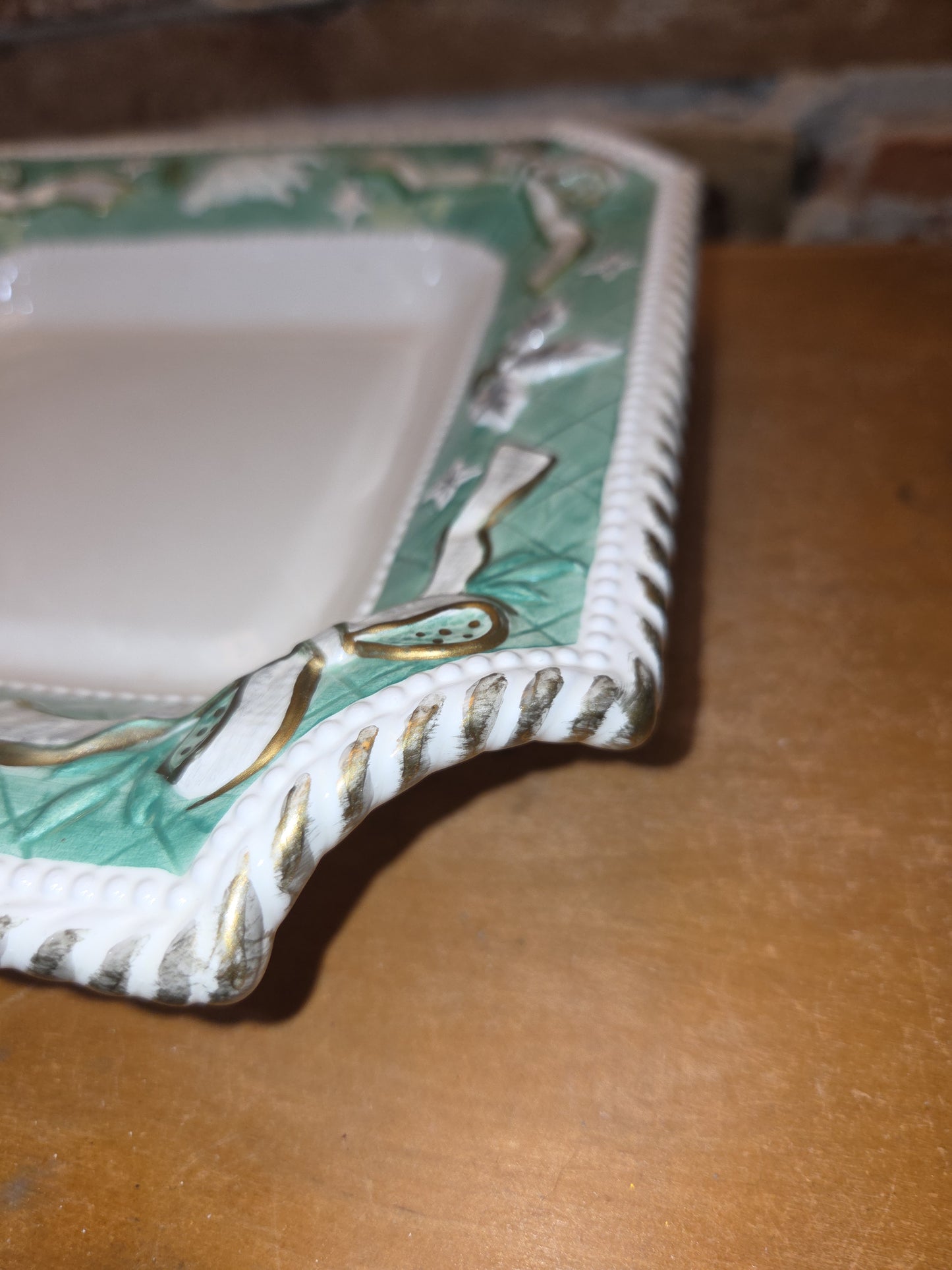 Vintage Claire Burke 2001 Holiday Collection Ceramic Pedestal AND Embossed Candy Dish Green with Bows vcd1
