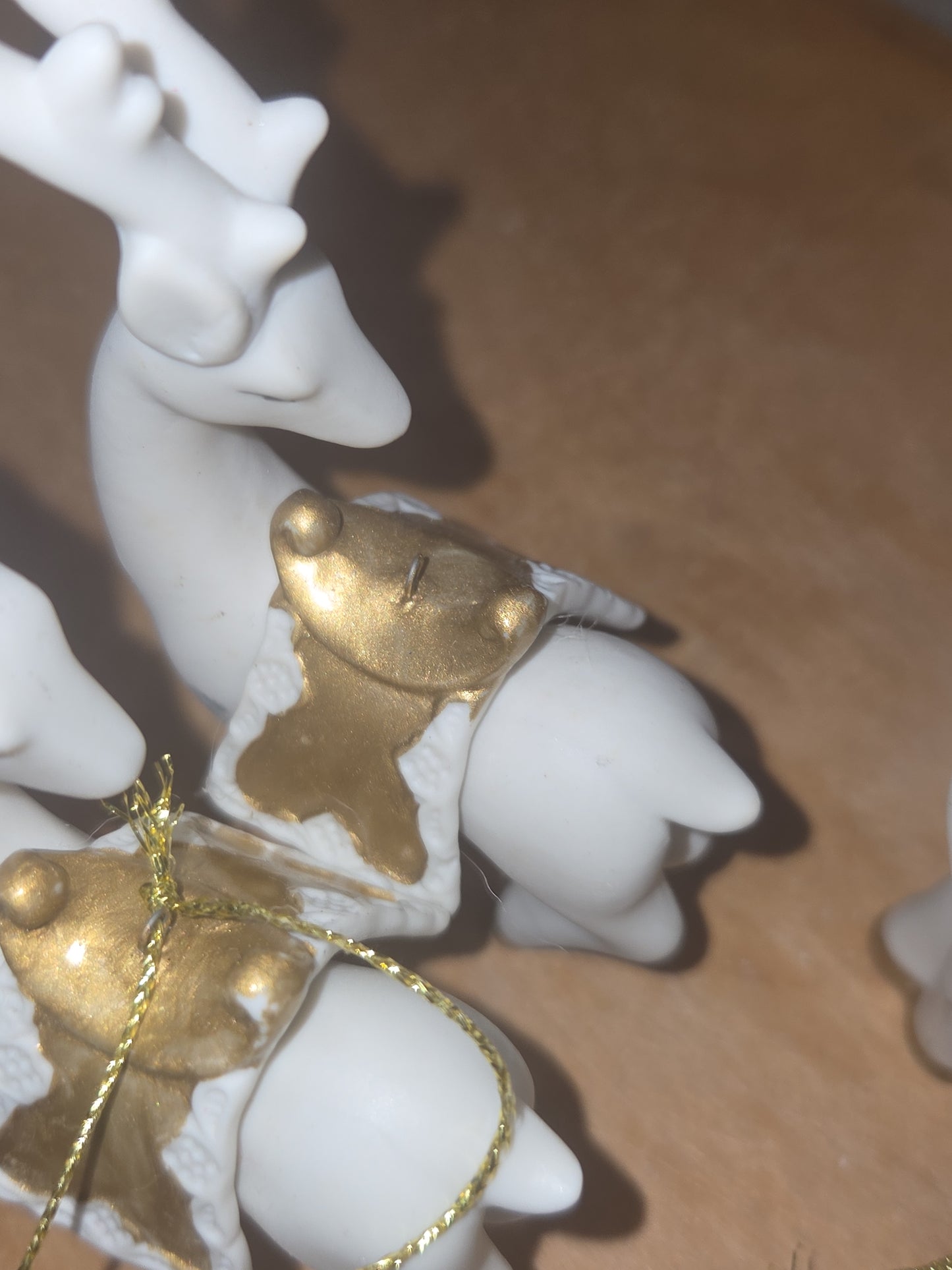 Vintage Living Quarters Bisque Porcelain Ornaments Deer White Gold Christmas Set of 4