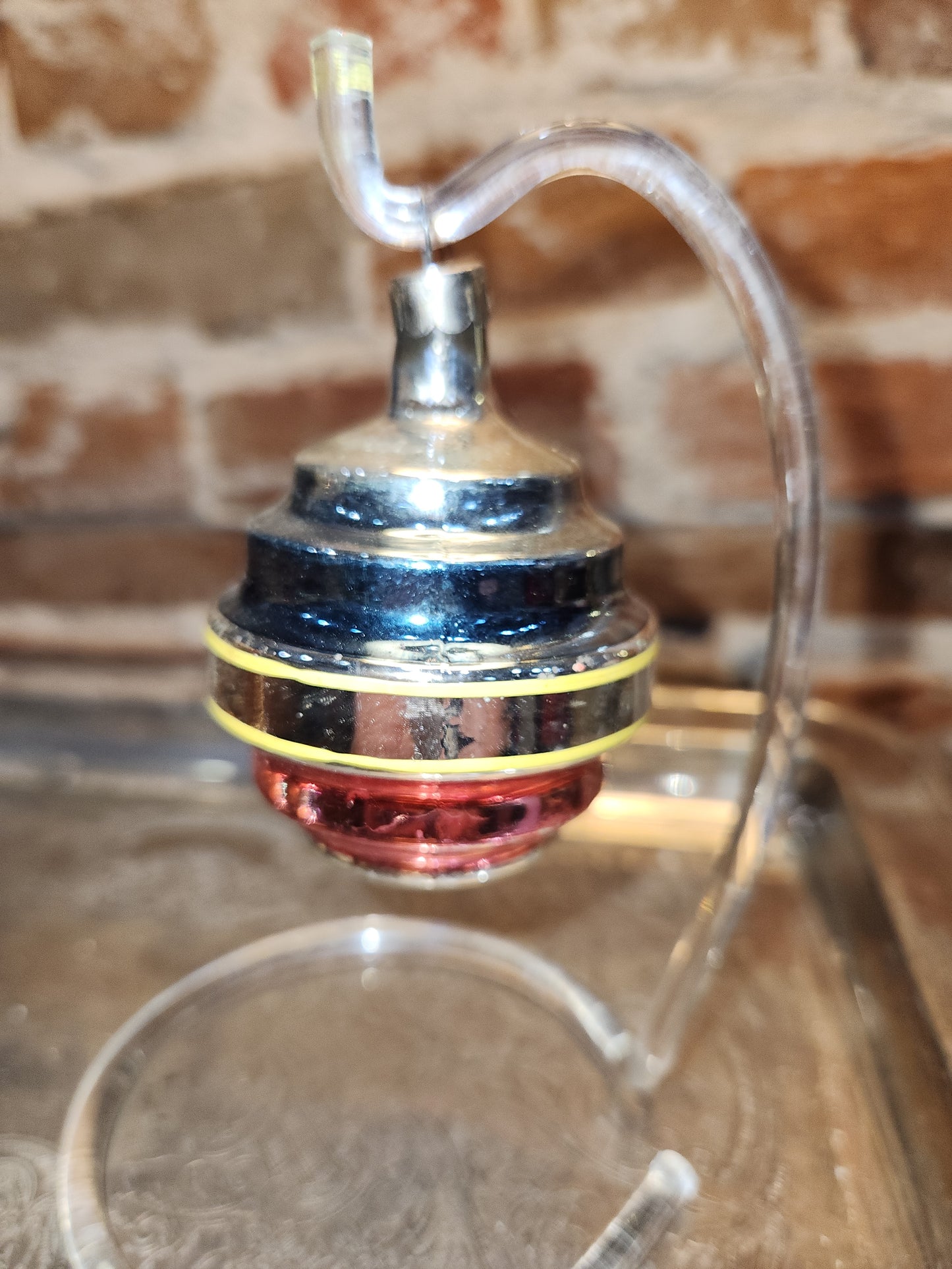Vintage Glass Wine Keg or Satellite Flat-Bottom Ornament Blue, Yellow, Pink Likely Shiny Brite Made In USofA AS IS O3