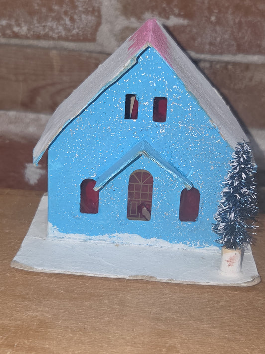 Vintage Putz Blue House with Tree Made in Japan Read Description ptz4