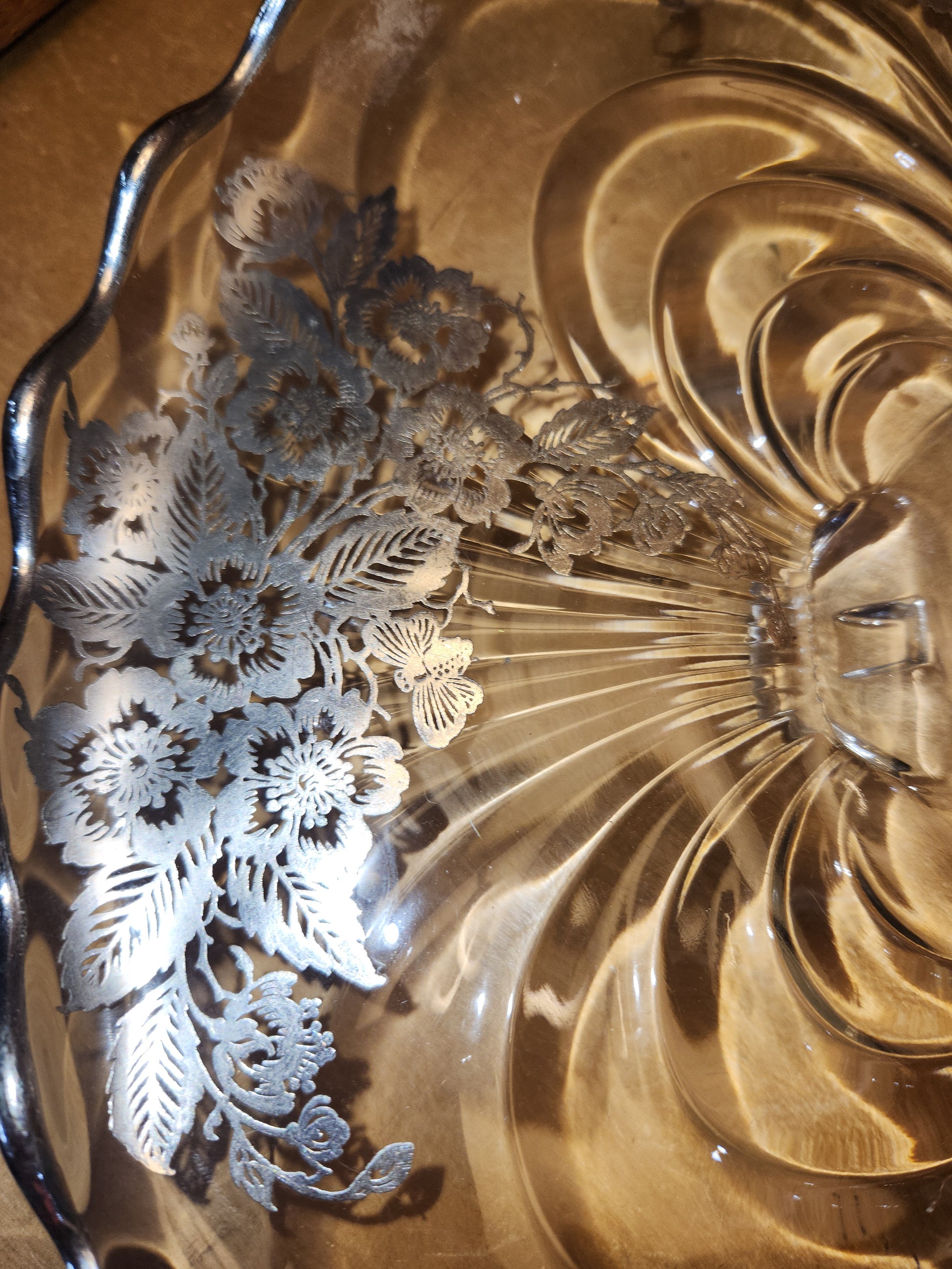 Vintage Cambridge Glass Company Footed Glass Platter with Caprice Pattern With Silver Overlay by Silver City gp8