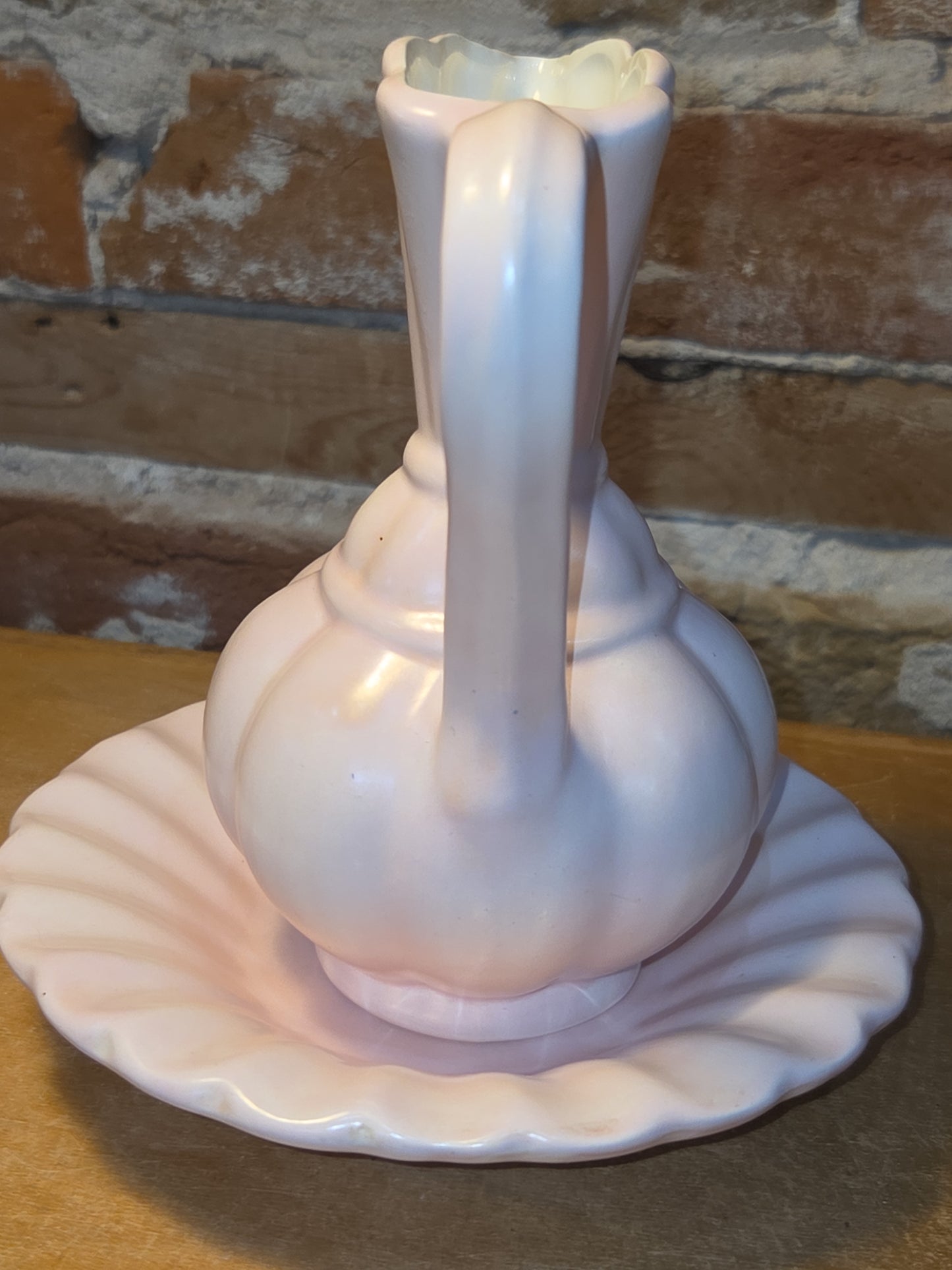Vintage Ceramic Bisque Pitcher and Bowl 6" Tall Light Pink vp1