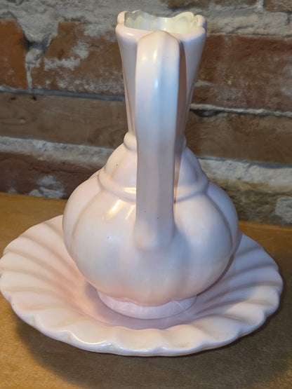 Vintage Ceramic Bisque Pitcher and Bowl 6" Tall Light Pink vp1