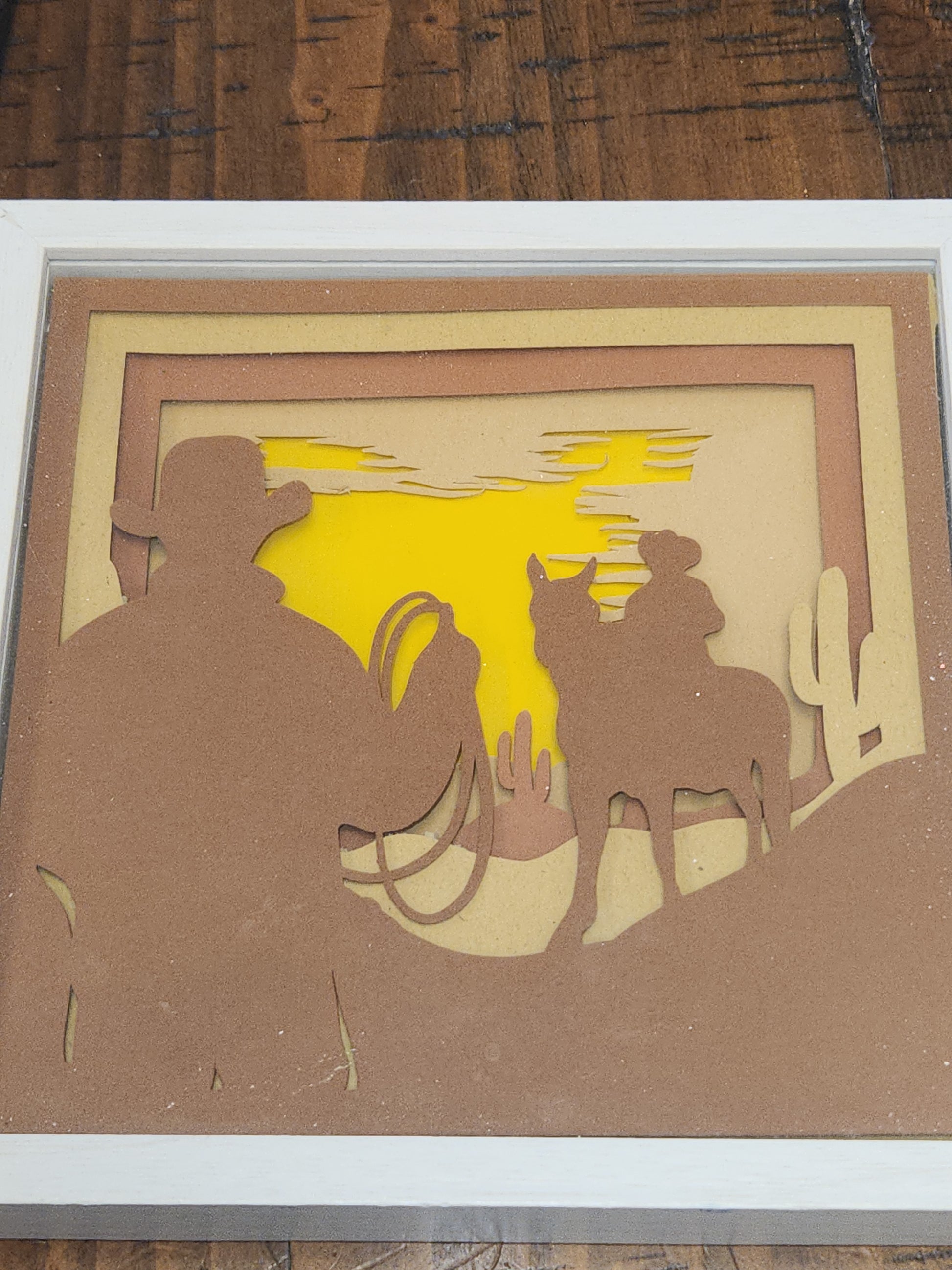 Shadowbox with Layered Cardstock Cowboys in Desert Scene 5 1/2 x 5 1/2” Handcrafted sb8 CLEARANCE