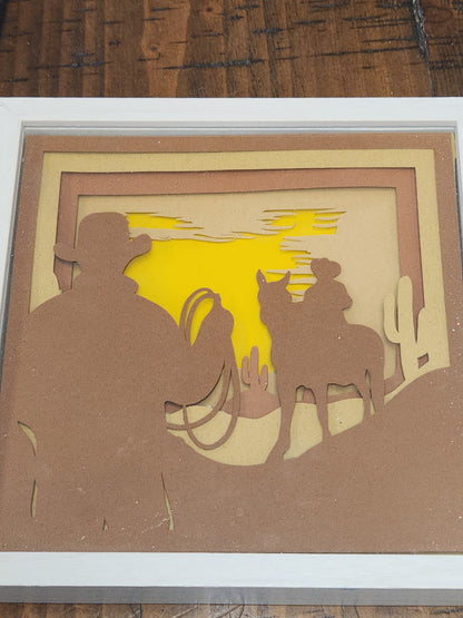 Shadowbox with Layered Cardstock Cowboys in Desert Scene 5 1/2 x 5 1/2” Handcrafted sb8 CLEARANCE