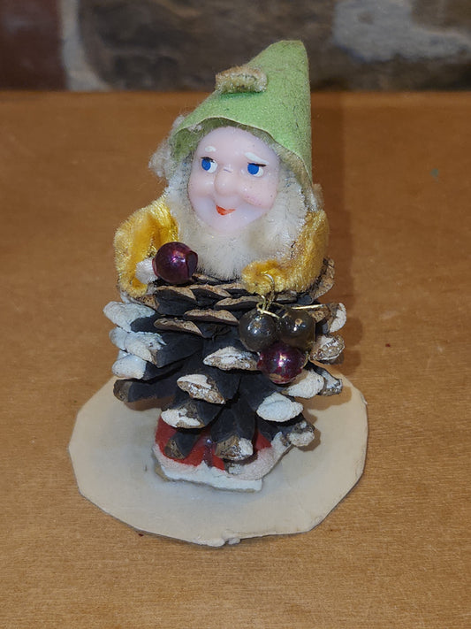Vintage Pinecone Elf Gnome Dwarf with Maracas Band Ornament Chenille Green Hat Plastic Face Mica Putz elf6