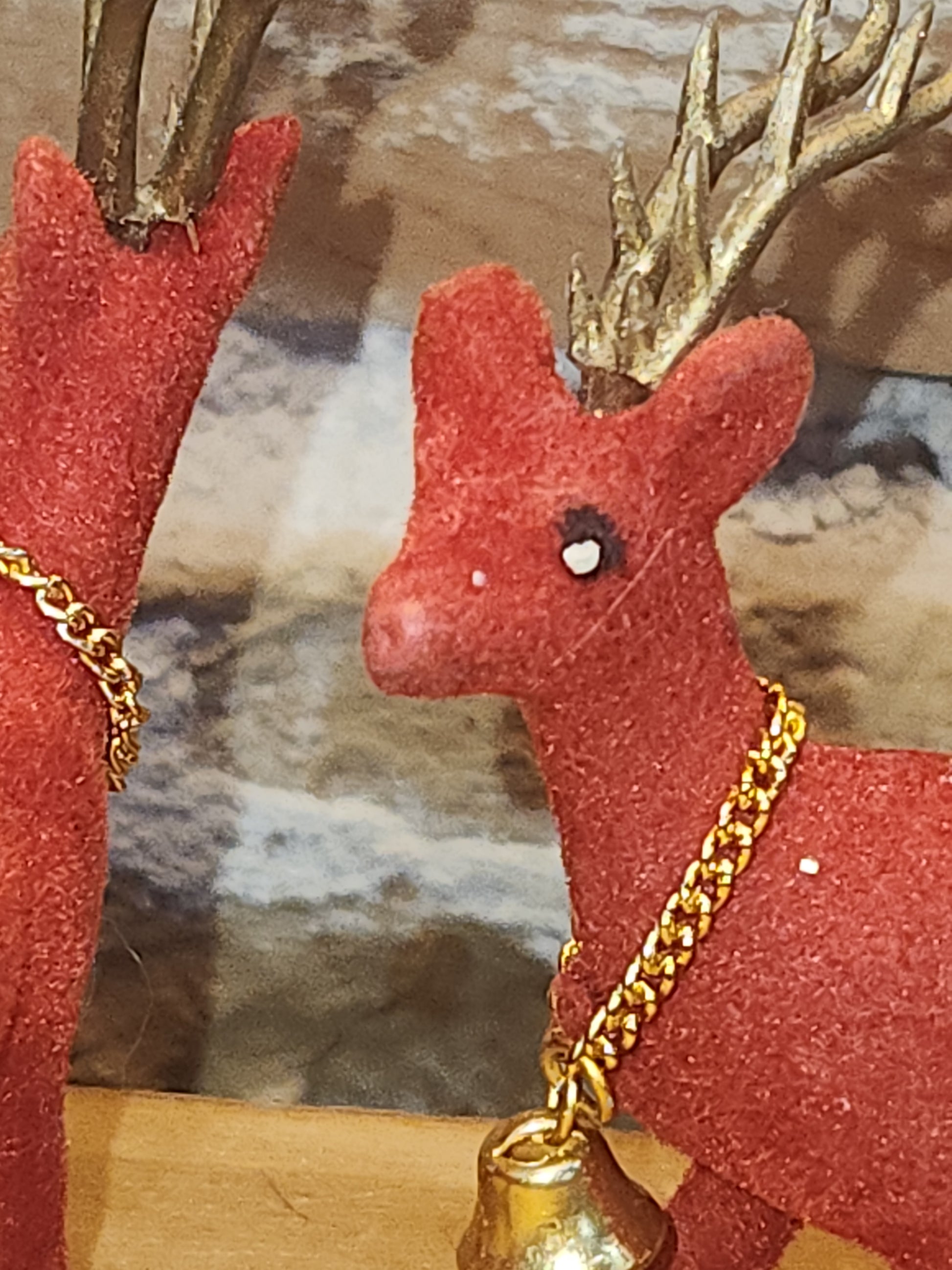 Vintage Red Flocked Deer Reindeer Set of 2 vd8