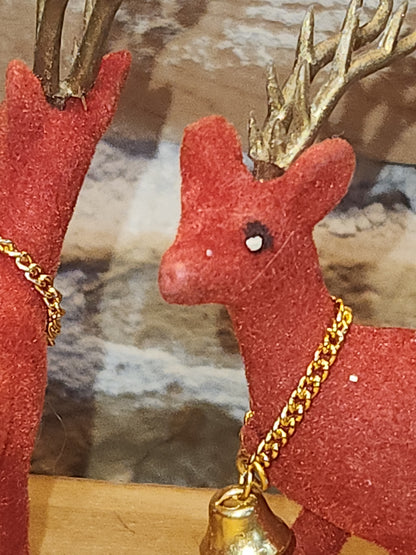 Vintage Red Flocked Deer Reindeer Set of 2 vd8