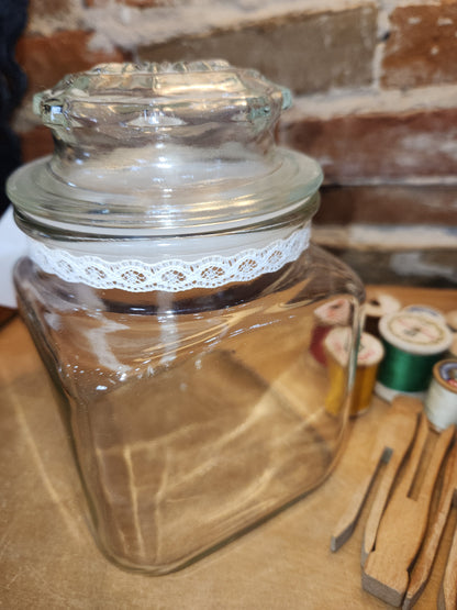 Vintage Sewing Jar Assemblage Wooden Thread Spools Scissors Wooden Clothespins Safety Pin vj12