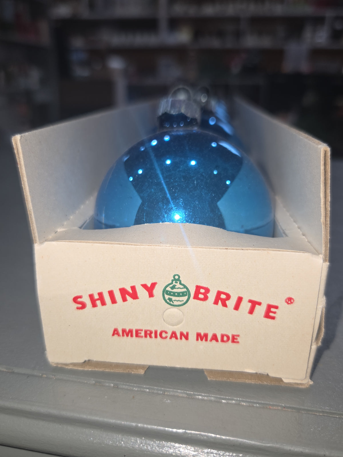 Vintage Shiny Brite Glass Christmas Ornaments Five 3" Blue Shades in Fanci-Pak Box As Is sb10