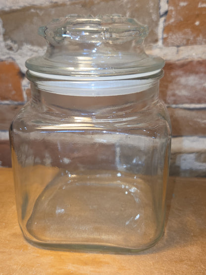 Vintage Clear Glass Square Canister with Sunburst Lid 6 1/4" square sj3