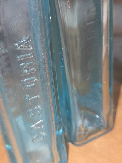 Vintage Medicine Bottles Cha H Fletcher Castoria Faint Blue Glass Set of 2 vmb43