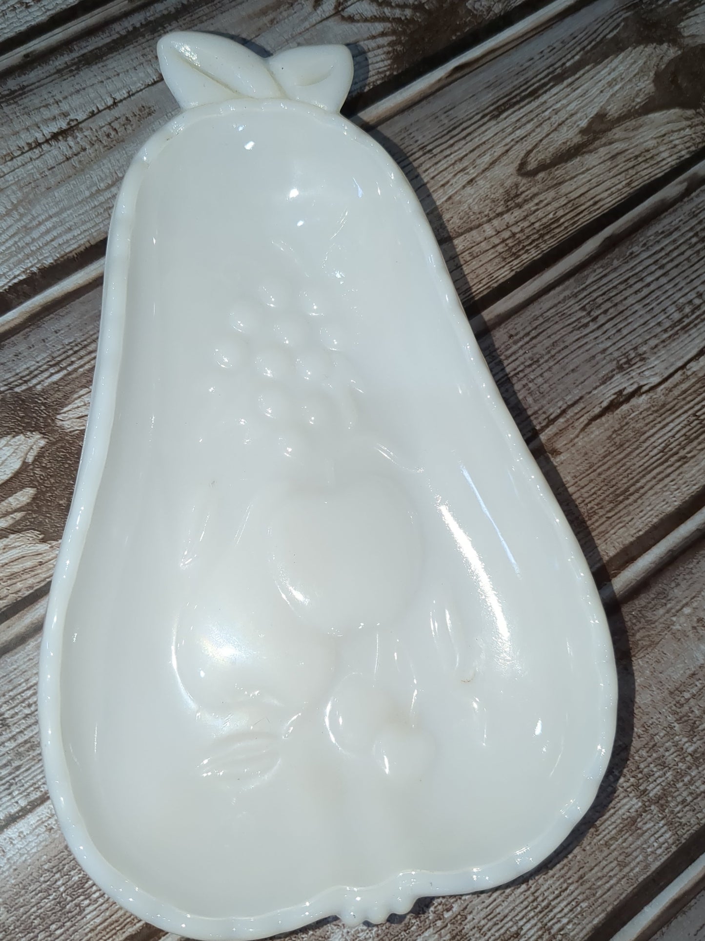 Vintage Hazel Atlas Milk Glass Pear Shaped Candy Dish, Fruit and Floral Pattern mg7
