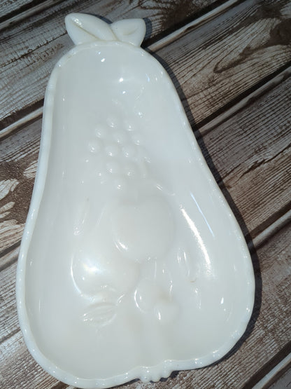 Vintage Hazel Atlas Milk Glass Pear Shaped Candy Dish, Fruit and Floral Pattern mg7