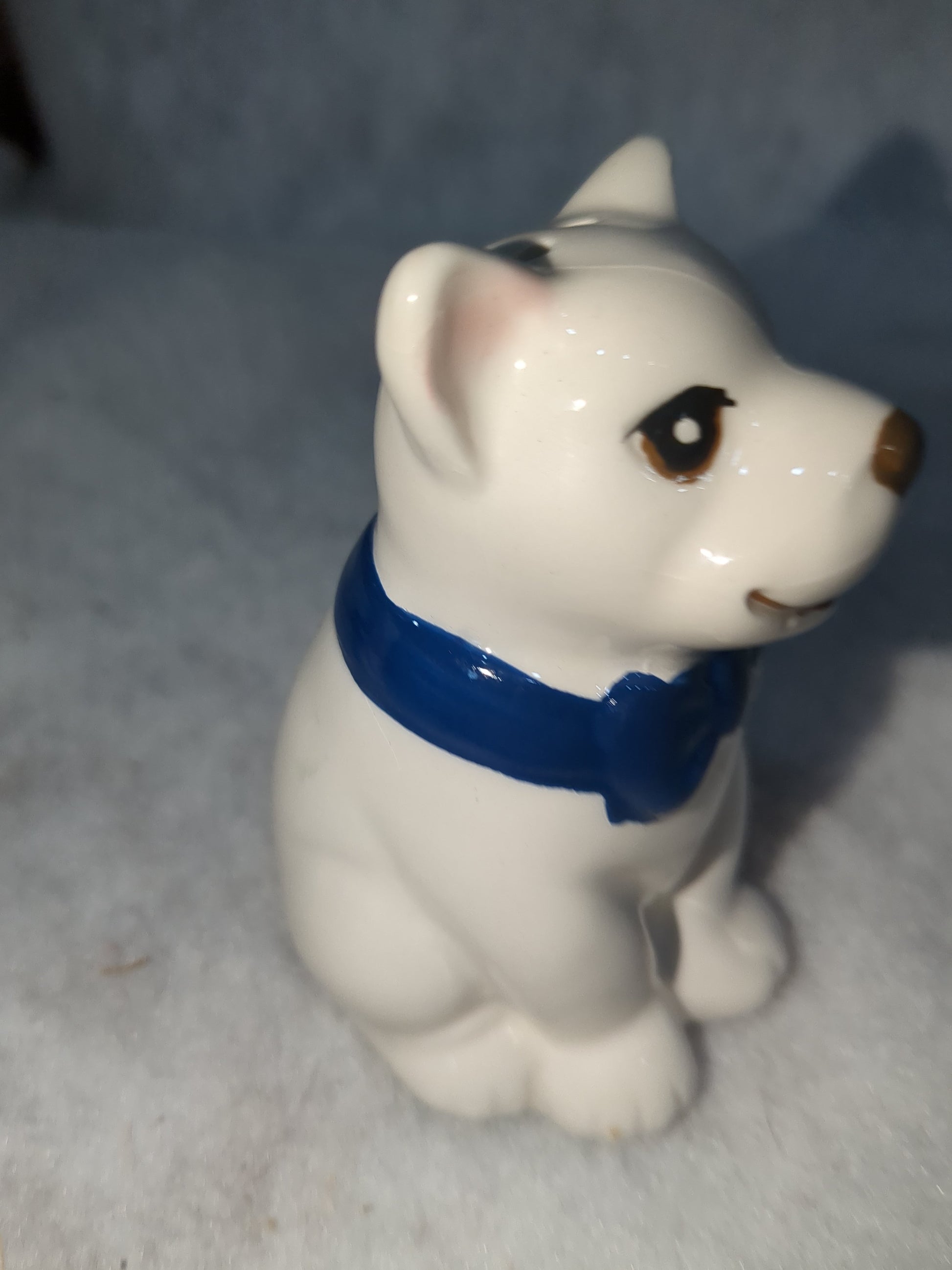 French Bulldog Ceramic Salt and Pepper Shakers Red & Blue Bow Ties Missing One Stopper CLEARANCE