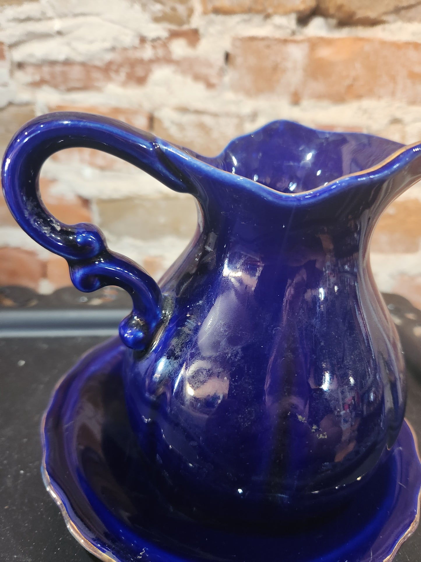 Porcelain Small Pitcher Bowl Set Taiwan Blue Floral Gold Trim Accent pit23 CLEARANCE