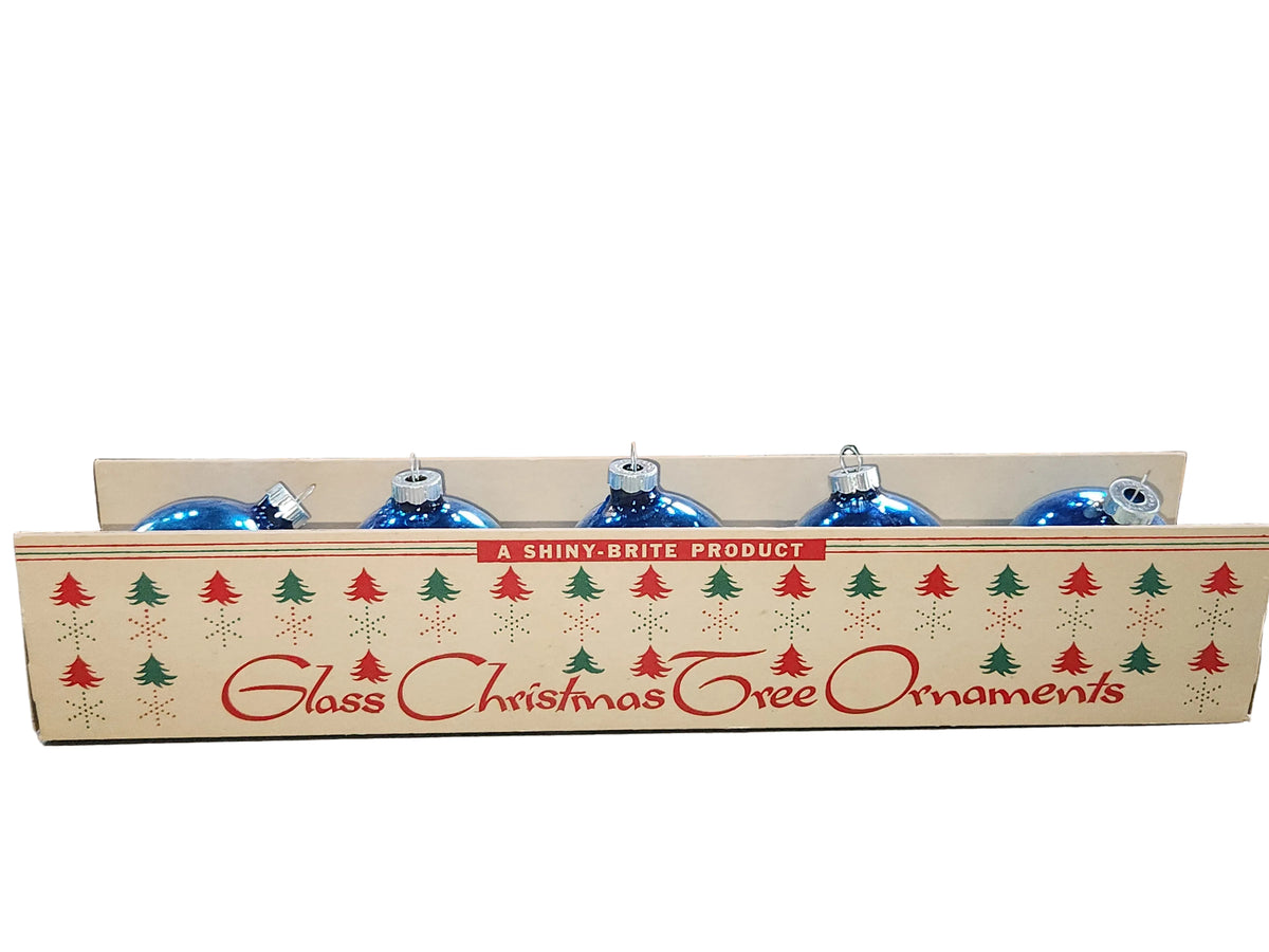 Vintage Shiny Brite Glass Christmas Ornaments Five 3" Blue Shades in Fanci-Pak Box As Is sb11