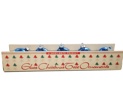 Vintage Shiny Brite Glass Christmas Ornaments Five 3" Blue Shades in Fanci-Pak Box As Is sb11