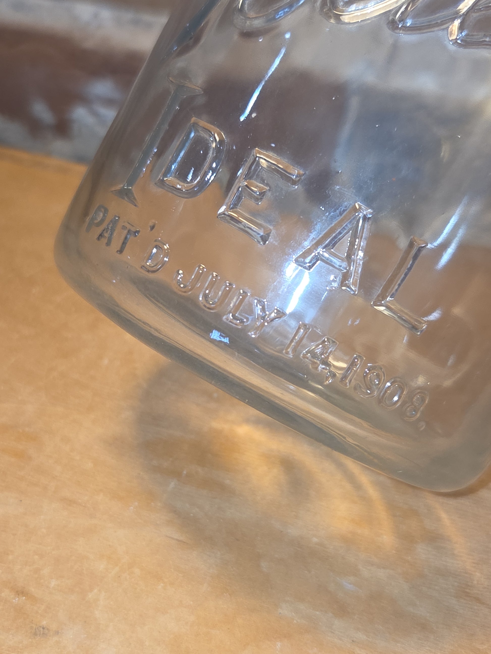 Vintage Ball Quart Jar Ideal Pat'd July 14, 1908 Clear Glass with Wire Bail and Glass Lid jar076