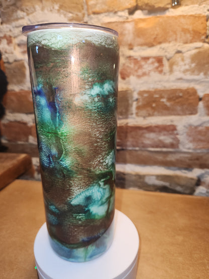 20 ounce stainless steel, Insulated, alcohol ink art Tumbler Copper Teal Blue White AS IS CLEARANCE ai7
