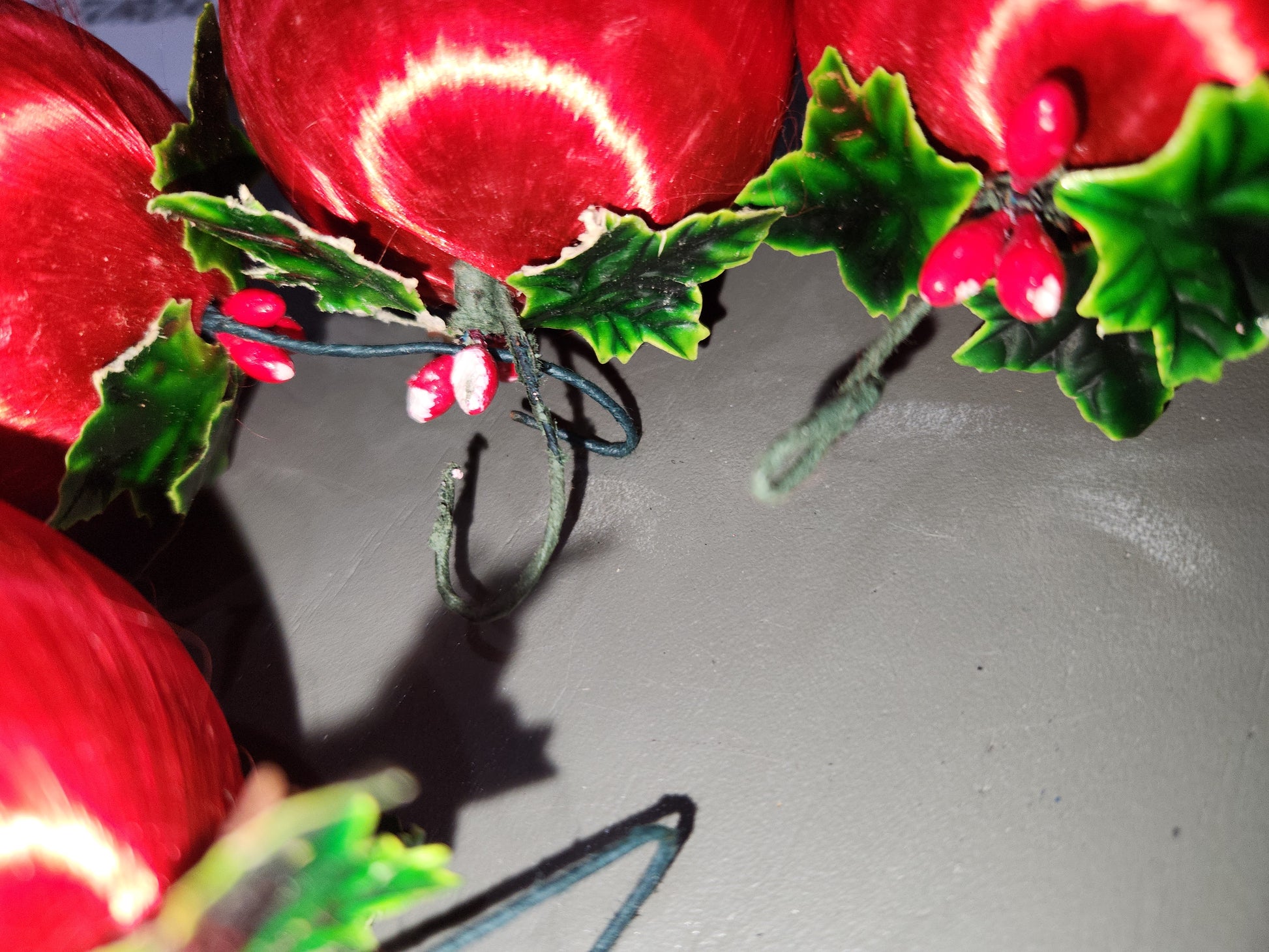 Vintage Red Satin Spun Silk Christmas Ornament 2" Ball With Green Holly Leaf and Green Metal Hanger