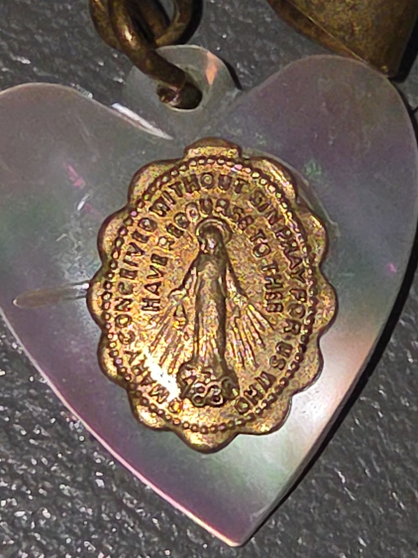 Vintage Pin Miraculous Medal Heart Mother of Pearl