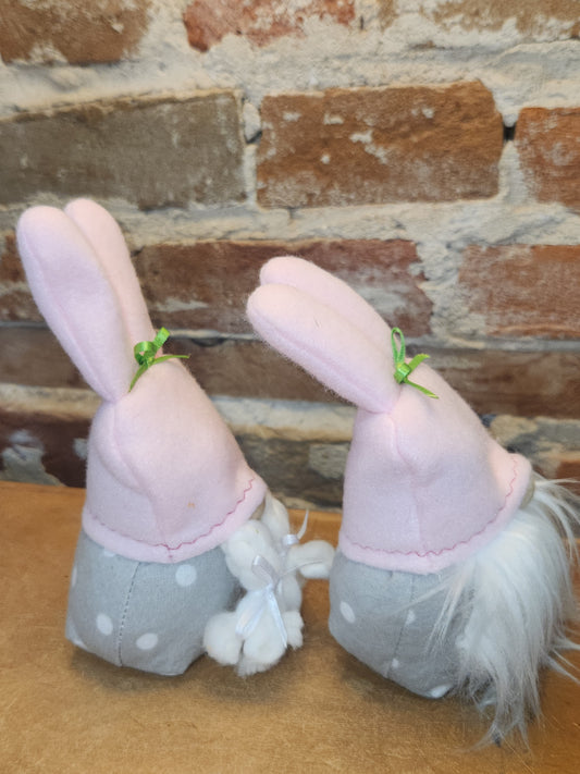 Set of Two 7” Gnomes with Grey Dotted Body, White Beard Pink Bunny Hat gn4