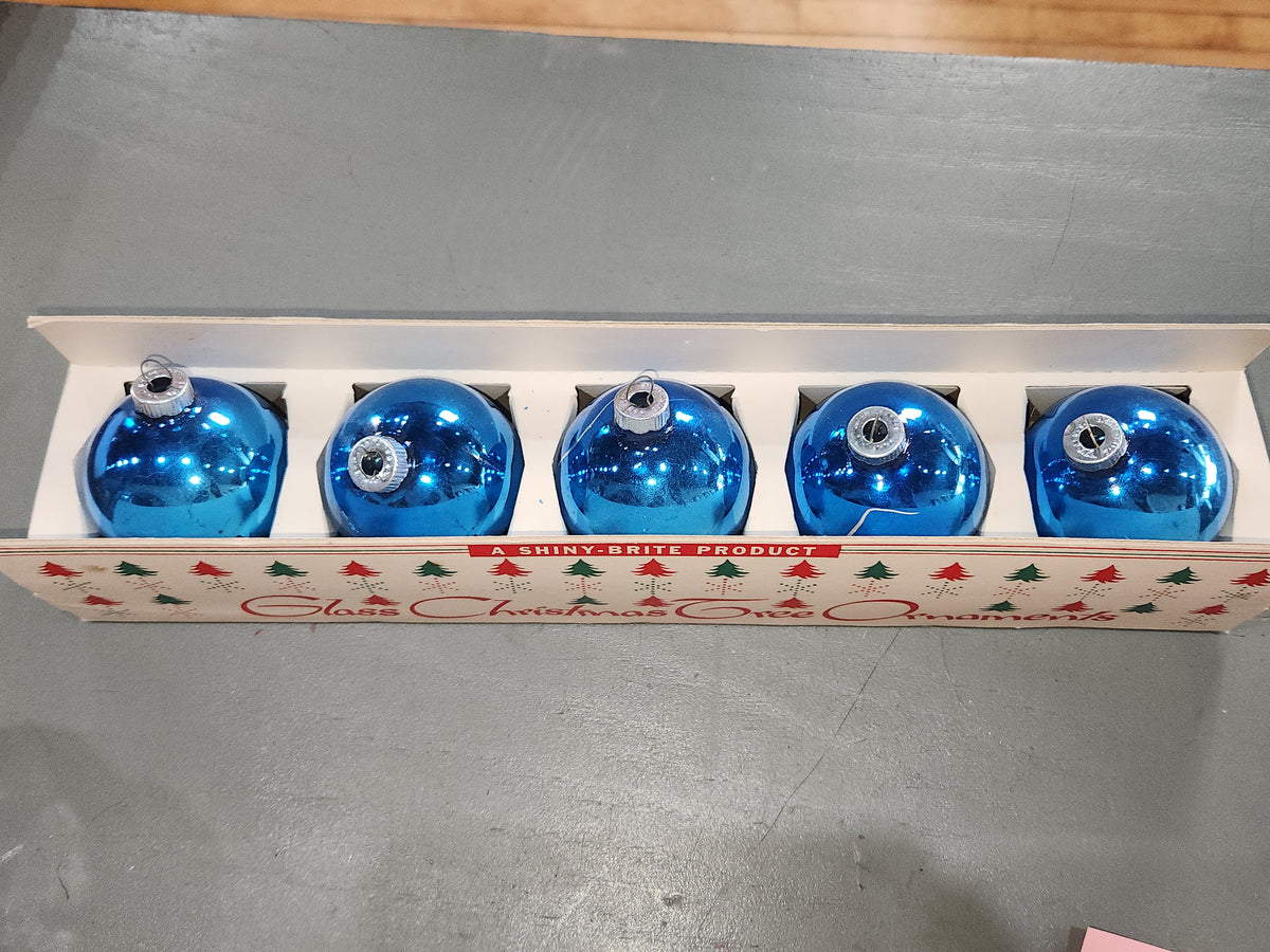 Vintage Shiny Brite Glass Christmas Ornaments Five 3" Blue Shades in Fanci-Pak Box As Is sb12