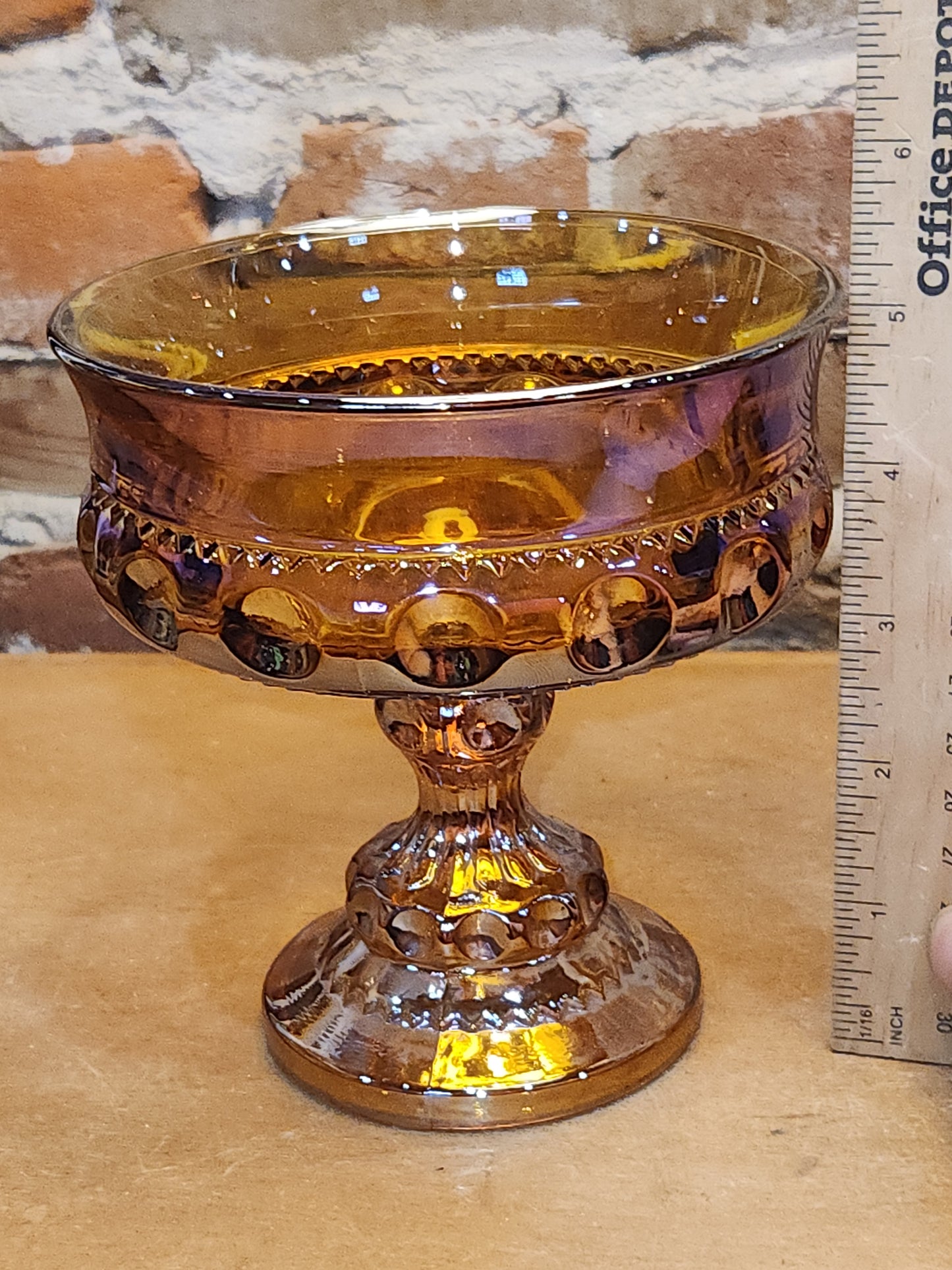 Indiana Glass Compote Kings Crown Thumbprint Pedestal Candy Dish Iridescent Gold cg9