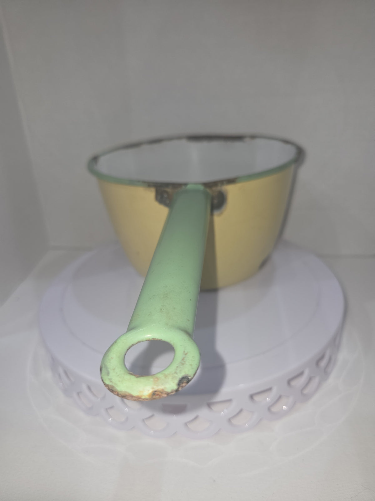 Vintage Enamelware Sauce Pan Cream Green Trim White Inside en90